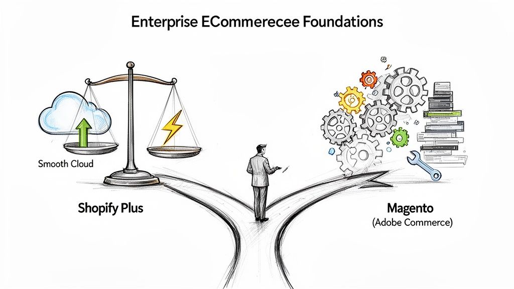 A man choosing between Shopify Plus (smooth cloud) and Magento (gears, wrench) for enterprise e-commerce foundations.