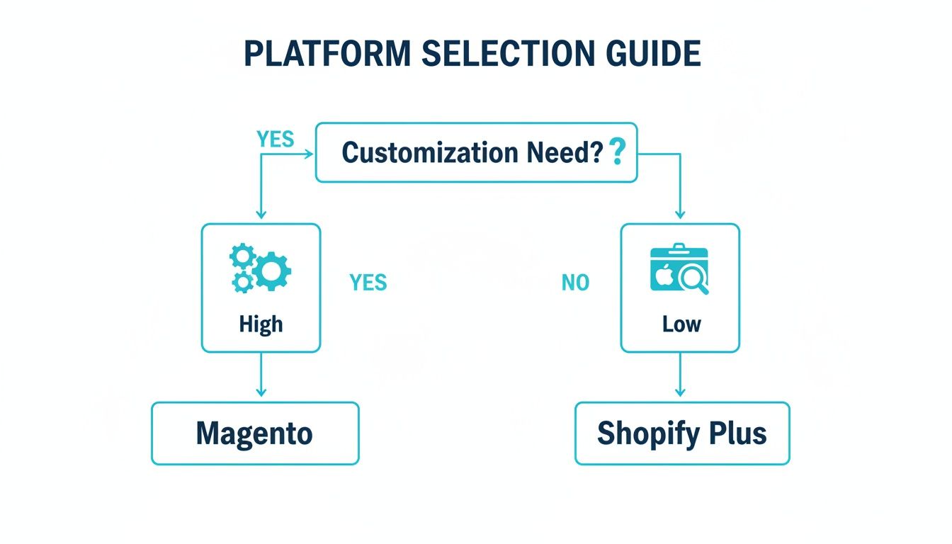 Flowchart showing platform selection guide, suggesting Magento for high customization and Shopify Plus for low.