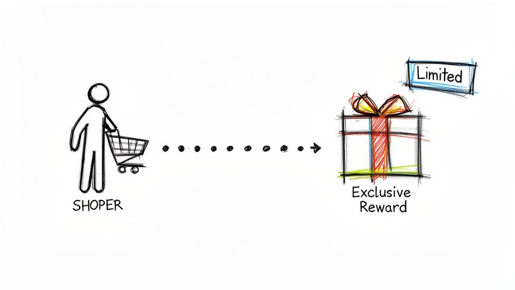A stick figure shopper pushes a cart towards a limited, exclusive gift reward.