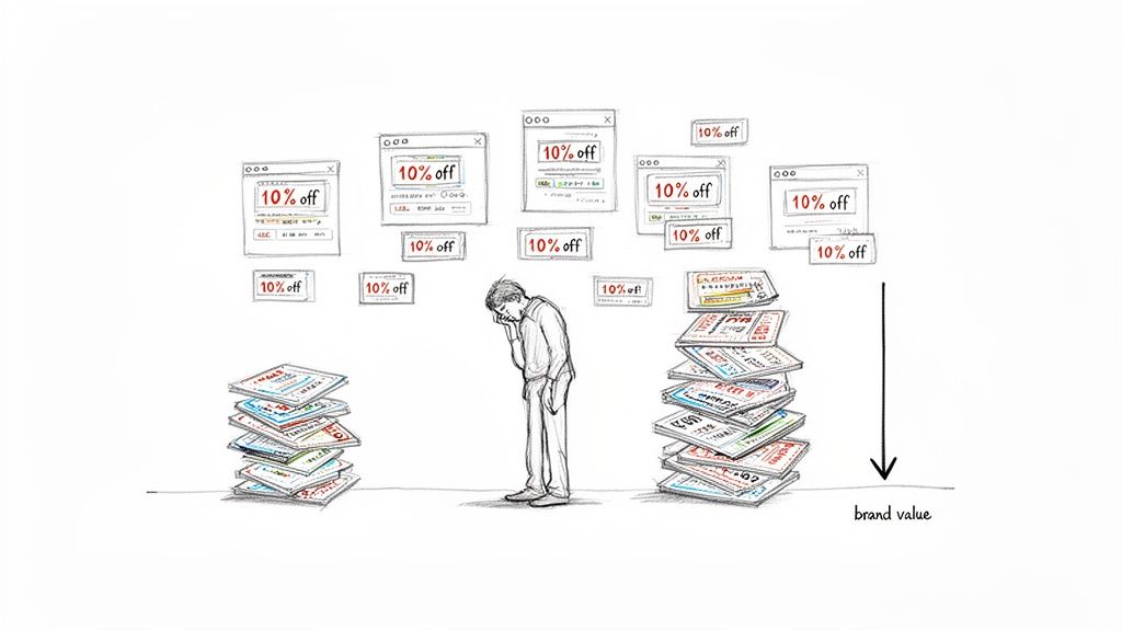 An overwhelmed person surrounded by '10% off' digital pop-ups and physical coupons, indicating decreasing brand value.