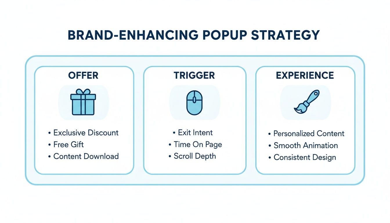 A diagram illustrating a brand-enhancing popup strategy with sections for offer, trigger, and experience elements.