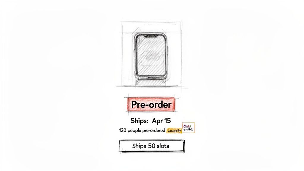 Sketch of a smartphone with pre-order details: ships Apr 15, 120 people pre-ordered, 50 slots.