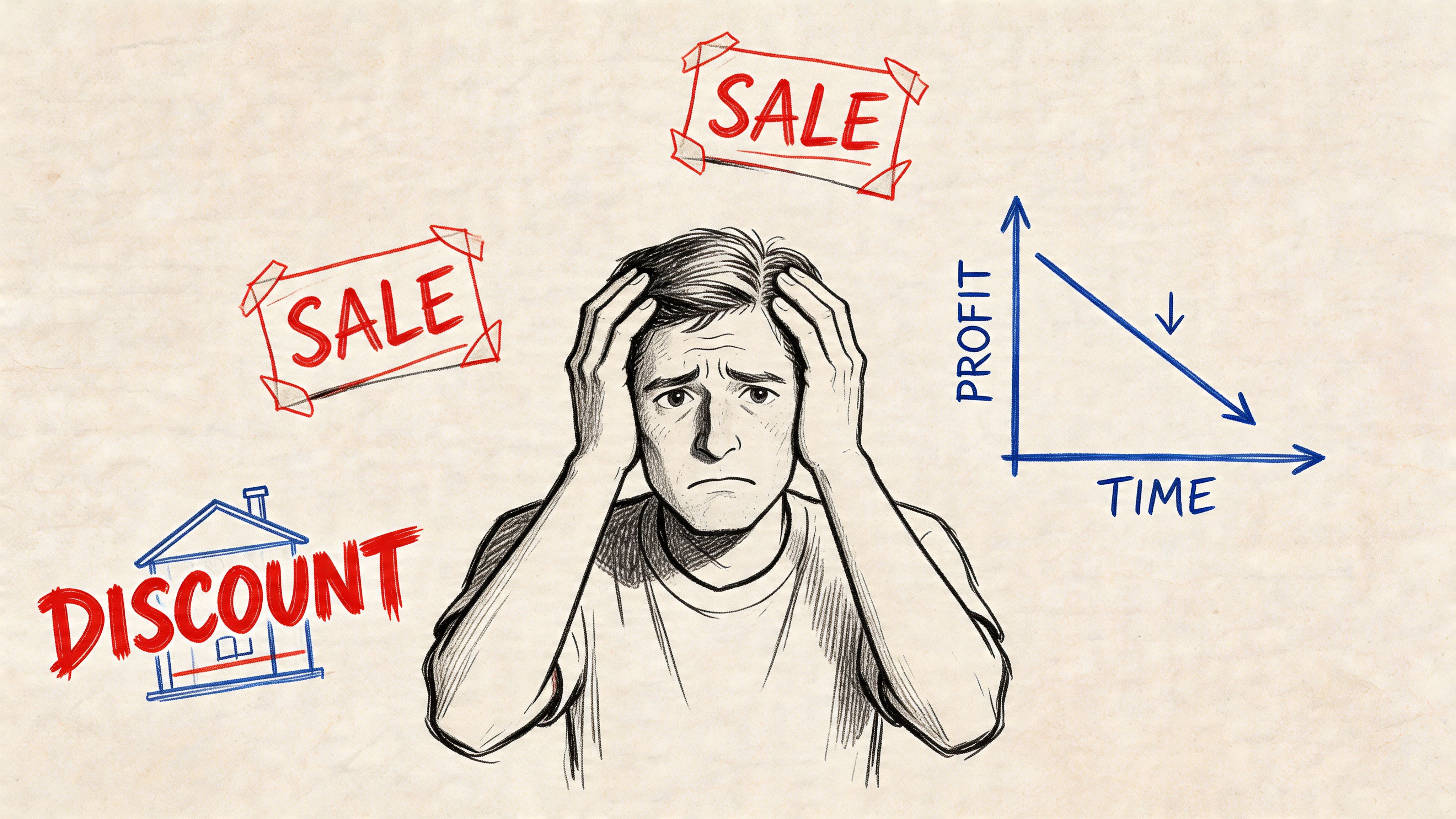 A distressed man worried about declining profits, sales, and heavy discounts in his business strategy.