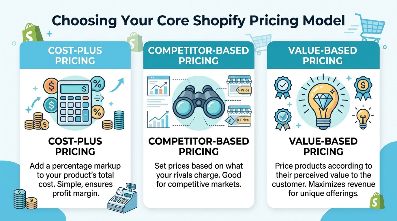 A visual guide explaining three Shopify pricing models: cost-plus, competitor-based, and value-based pricing strategies.