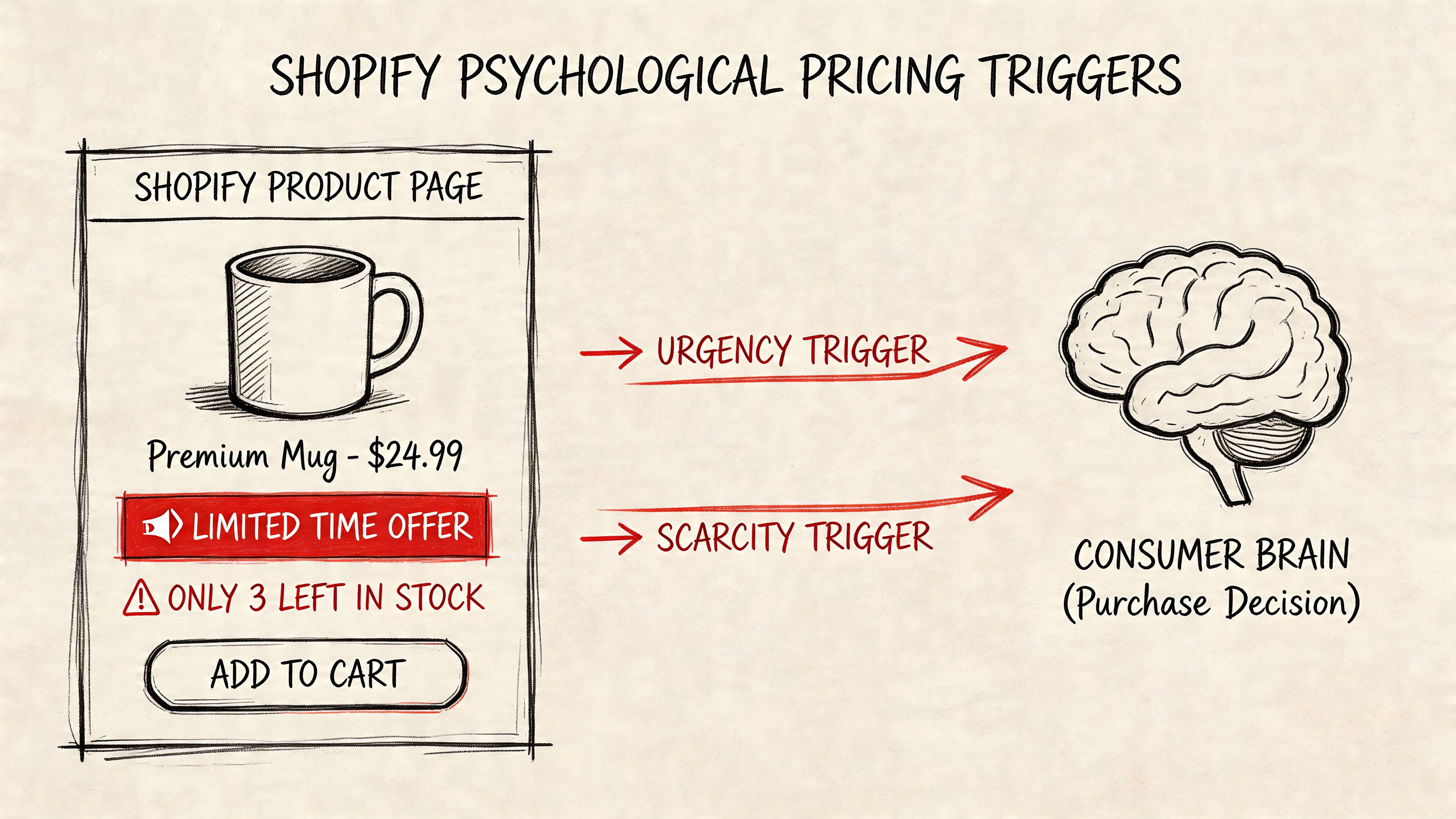 A diagram illustrating Shopify psychological pricing triggers, showing urgency and scarcity tactics influencing a consumer's purchase decision.
