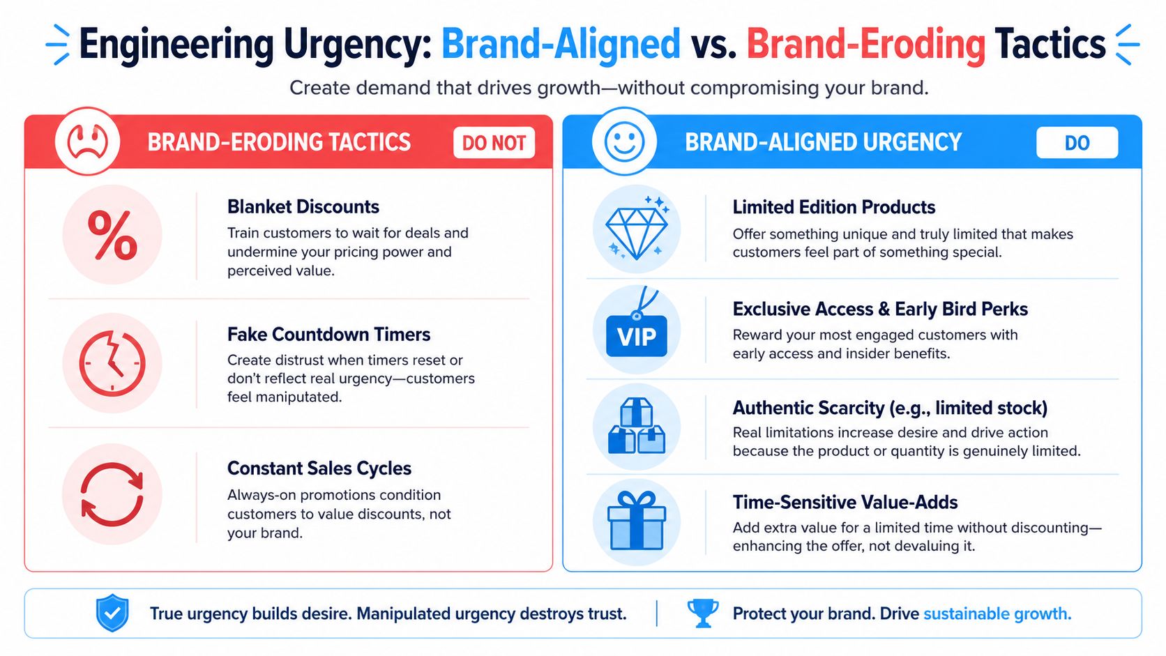 A comparison chart showing brand-aligned urgency tactics versus brand-eroding tactics for creating demand and growth.