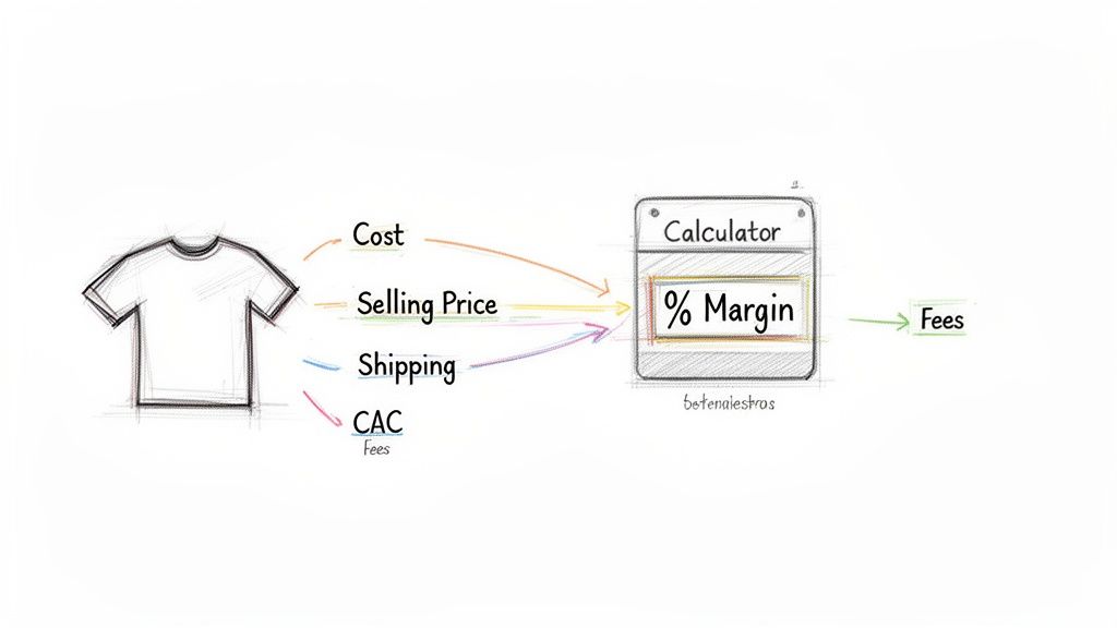 Illustrative drawing showing growing revenue and profit lines, with coins and a shopping bag, emphasizing profit margin.