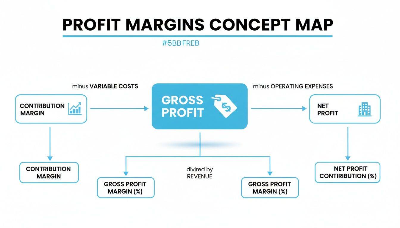 A profit margins concept map illustrating calculations for contribution, gross, and net profit.