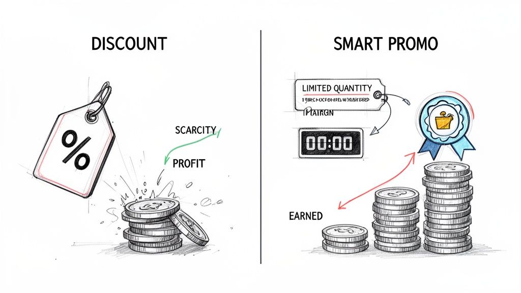 An illustration comparing traditional discounts (percentage tag, coins) with smart promotions (limited quantity, timer, rewards, increasing earnings).
