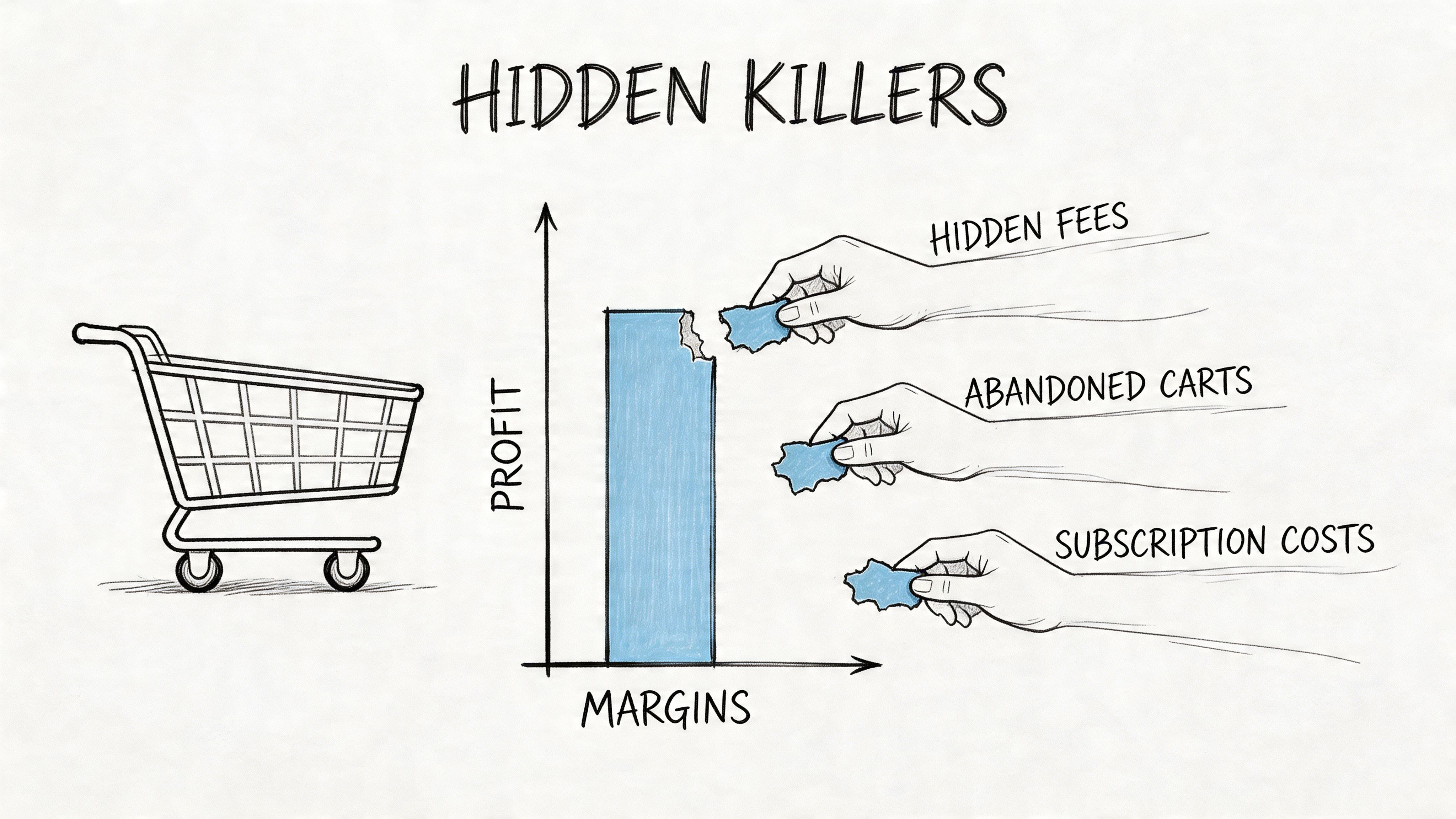 A conceptual illustration showing a profit margin bar chart being eroded by hidden fees, abandoned carts, and subscription costs.