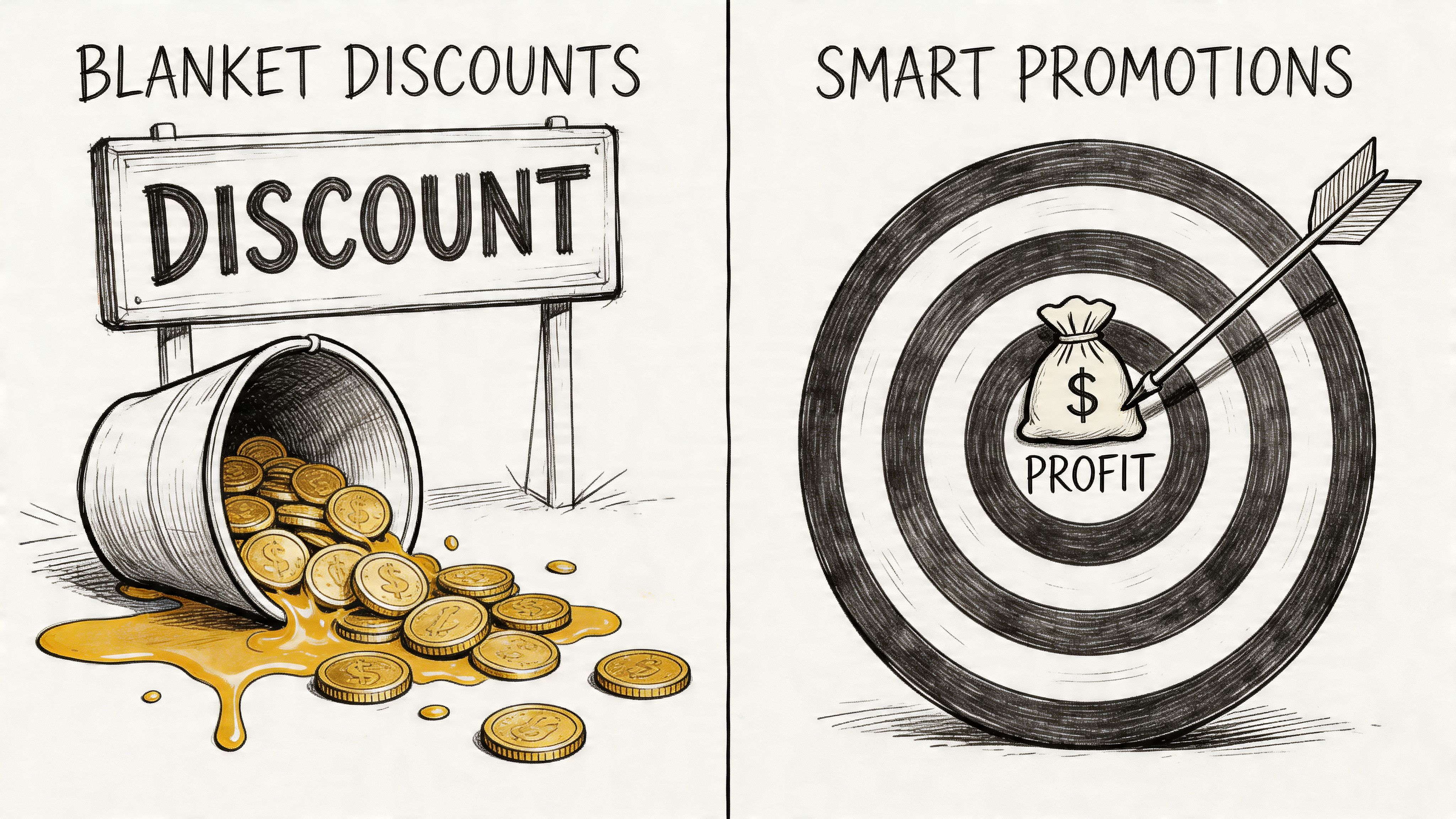 A comparison showing blanket discounts leaking money versus smart promotions hitting a target for business profit.