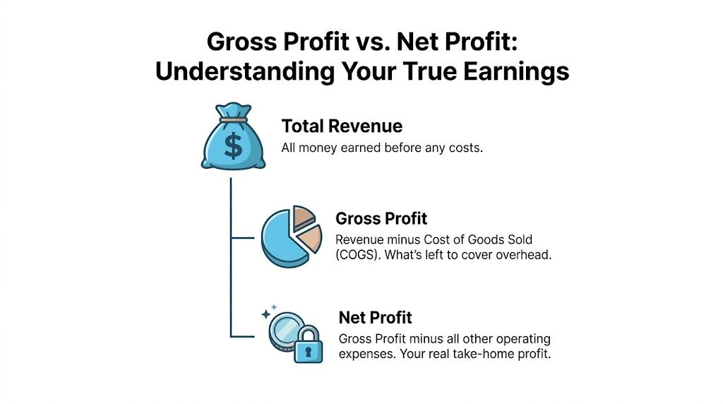An infographic illustrating the difference between total revenue, gross profit, and net profit for businesses.