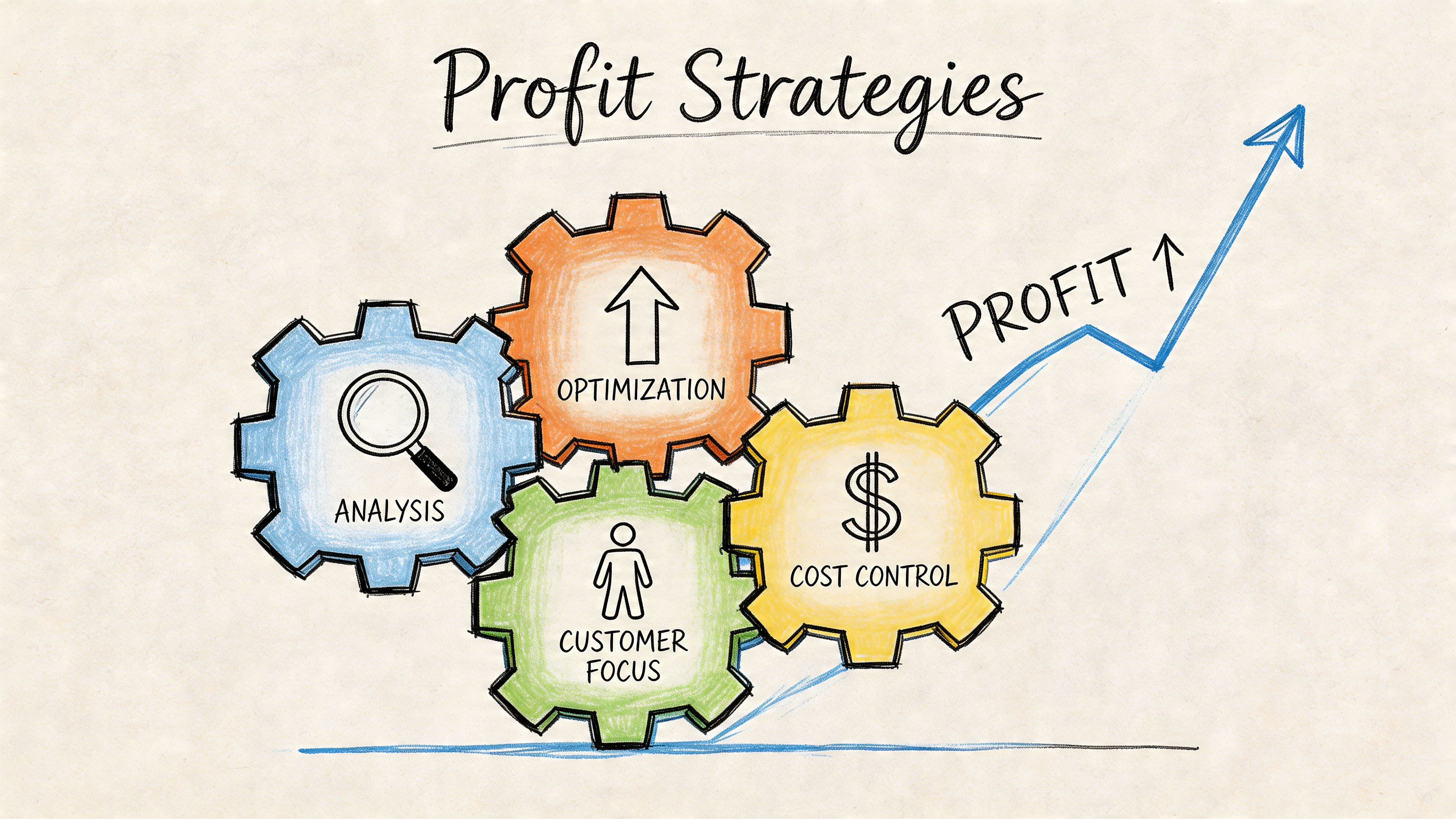 A hand-drawn illustration depicting gears representing analysis, optimization, customer focus, and cost control driving business profit.