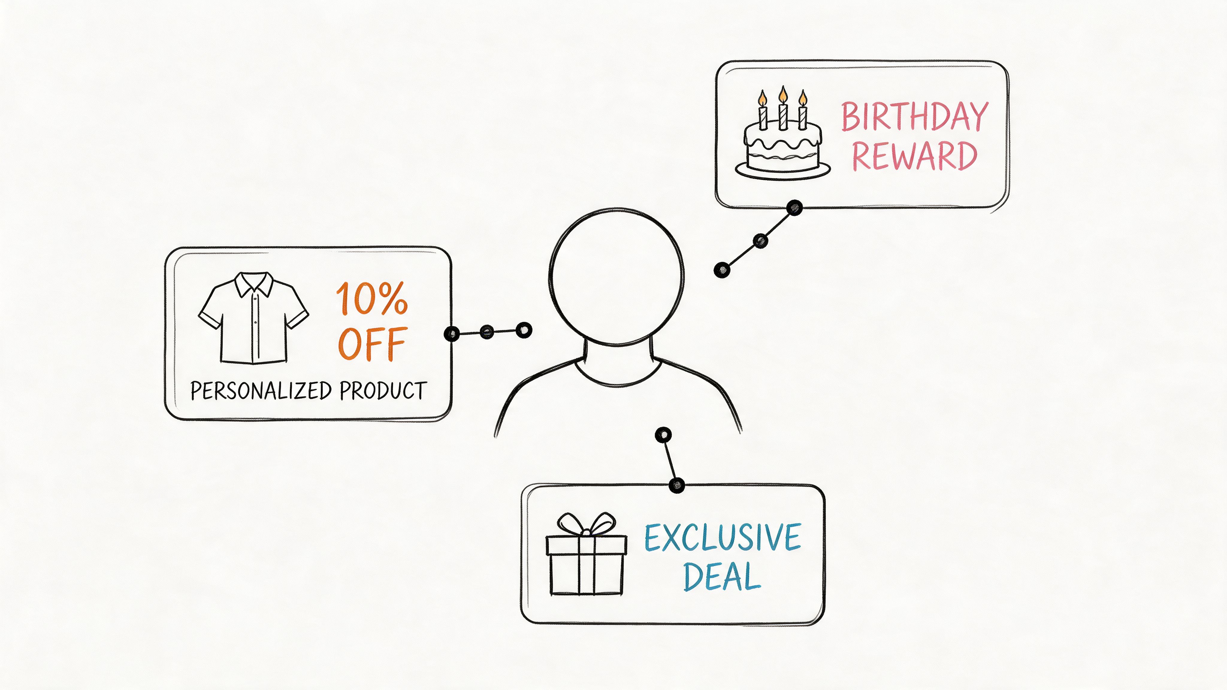 A hand-drawn illustration showing a person connected to icons representing birthday rewards, personalized product discounts, and exclusive deals.
