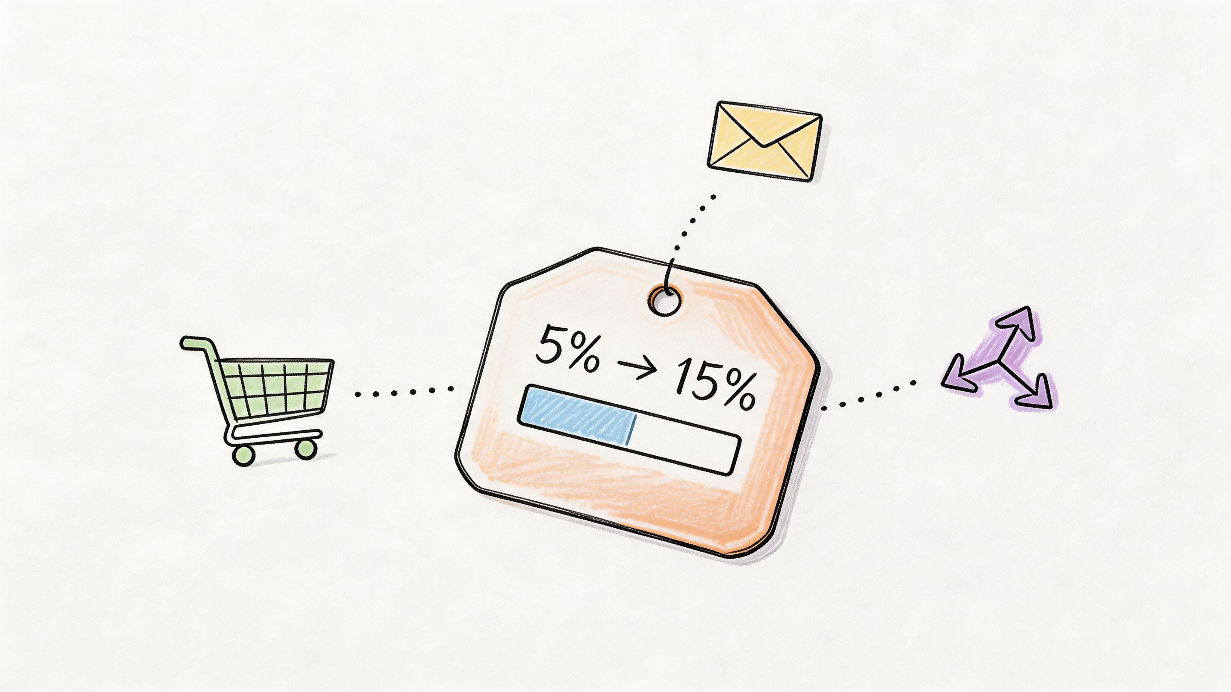 A hand-drawn illustration showing a shopping cart, a discount tag with a progress bar, and an envelope.