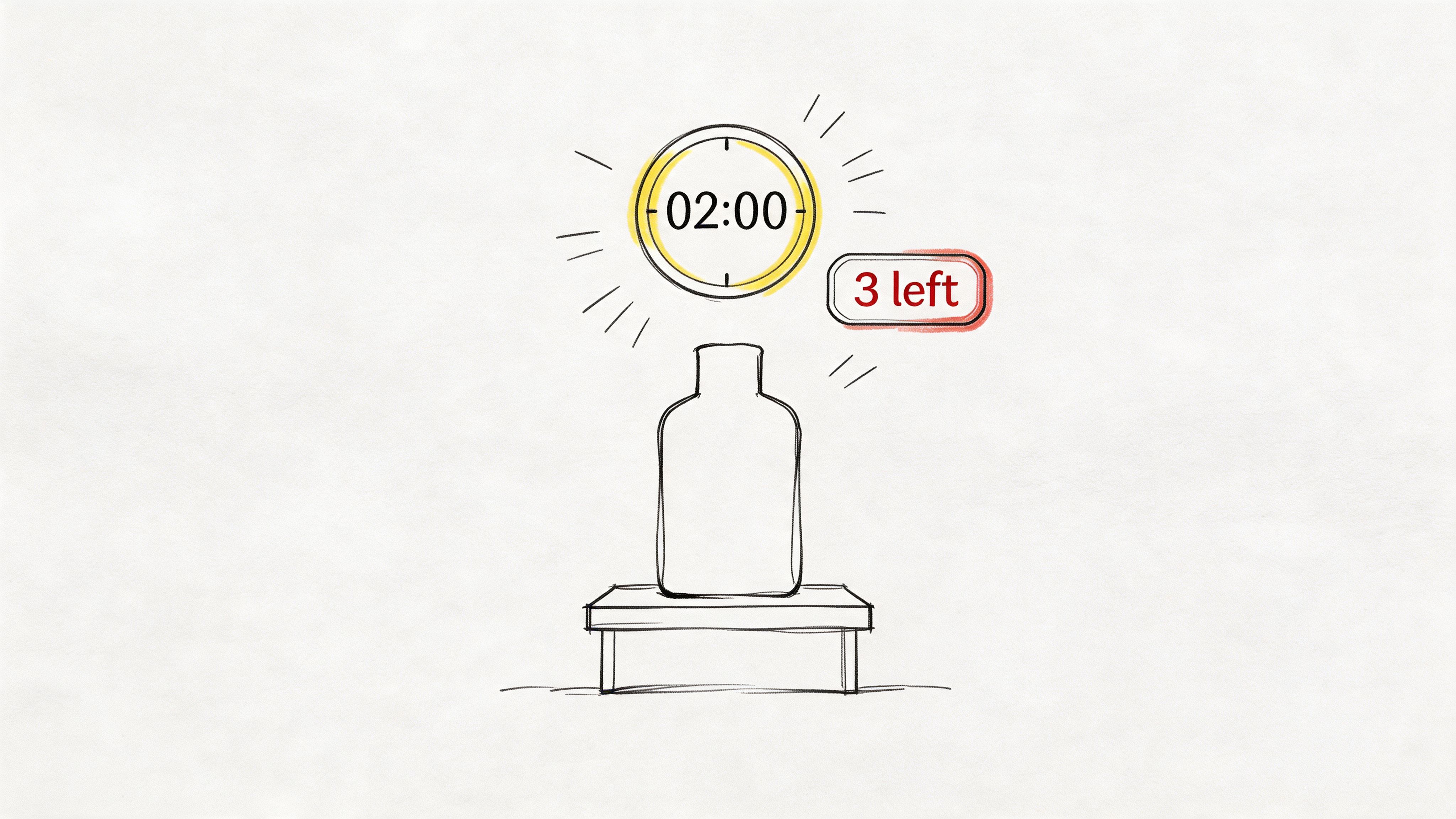 A hand-drawn illustration of a clock showing two minutes remaining and a sign indicating three items left.