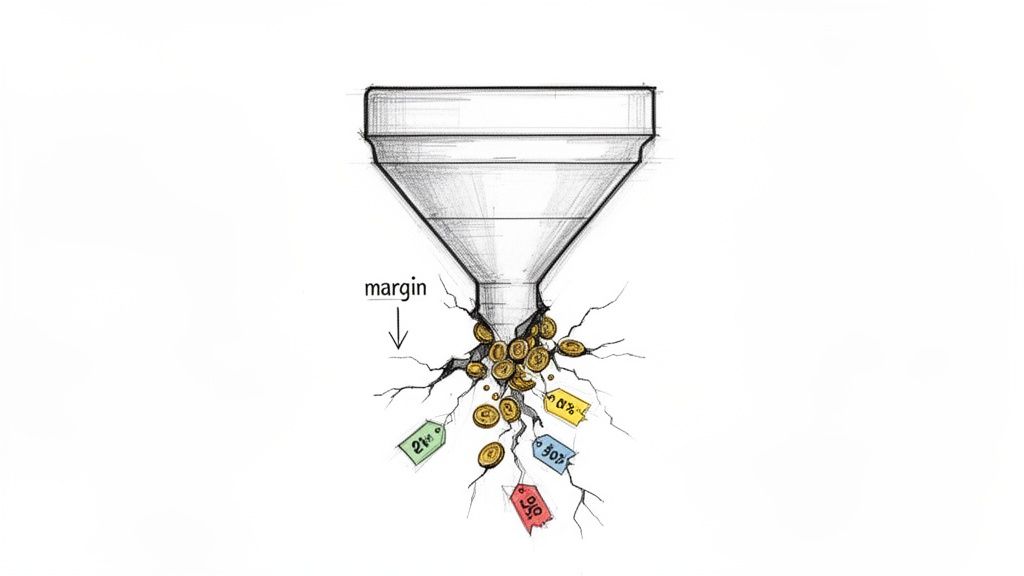 A cracked funnel spilling golden coins and colorful discount tags, illustrating the loss of profit margin.