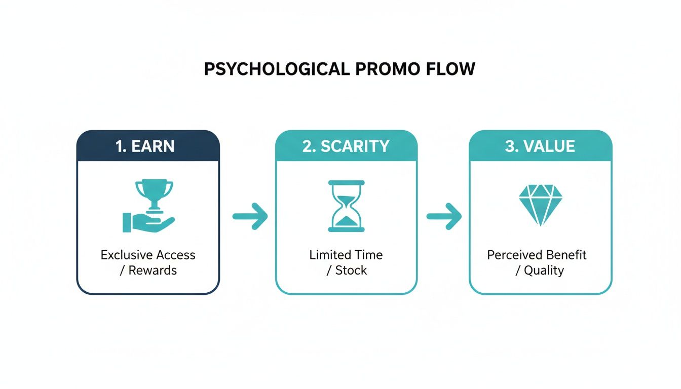 Diagram illustrating the psychological promo flow through steps: Earn, Scarcity, and Value.