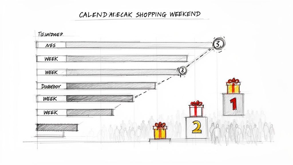 Hand-drawn sketch of a shopping weekend promotion chart with progress bars, gift prizes on podiums, and an audience.
