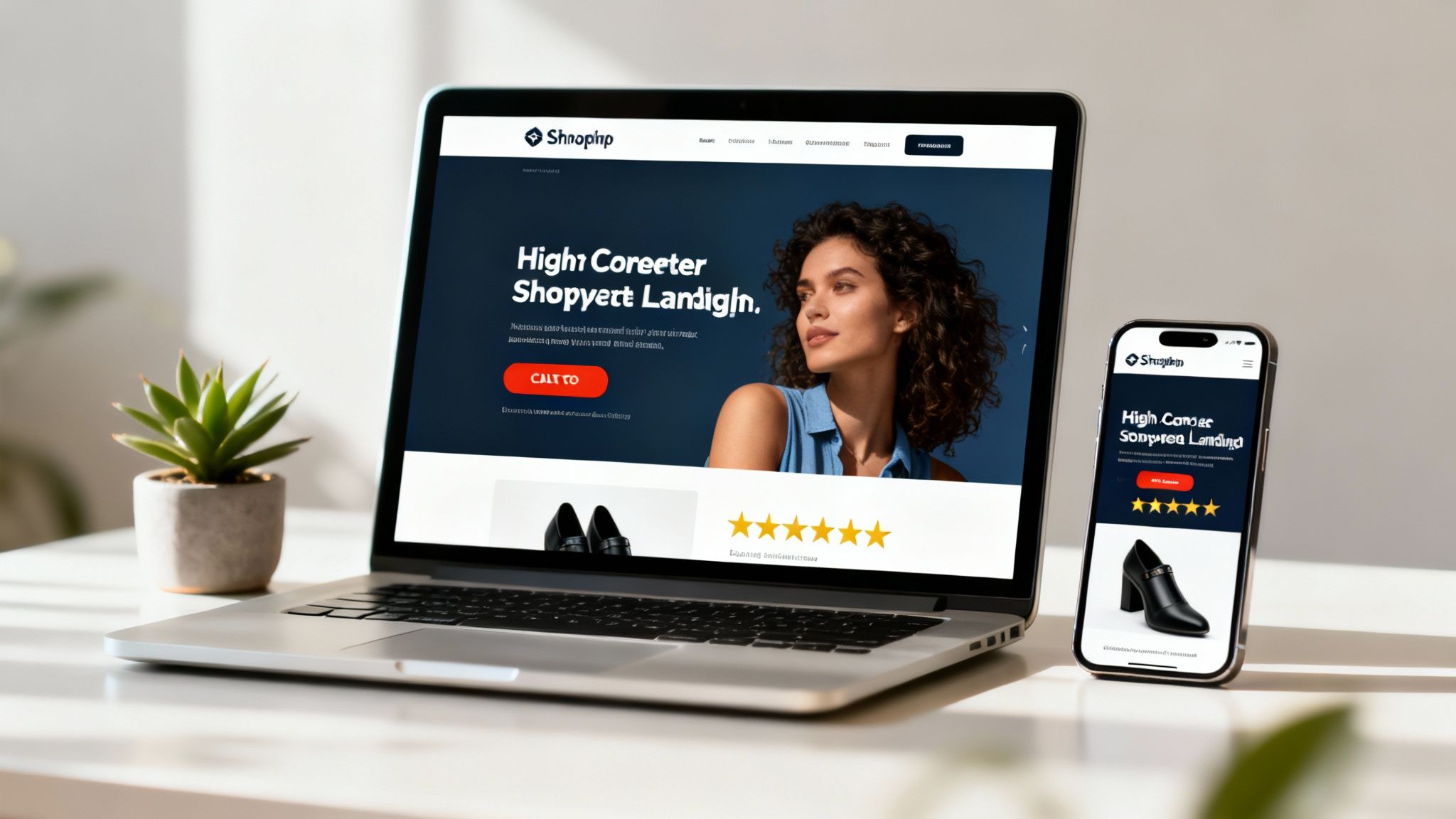 A person working on a Shopify landing page design on their laptop.