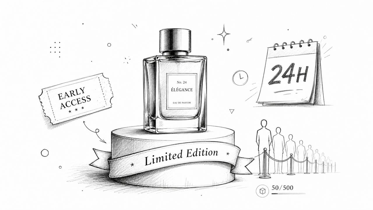 A pencil sketch of a luxury perfume bottle on a pedestal, representing exclusive early access and limited availability.