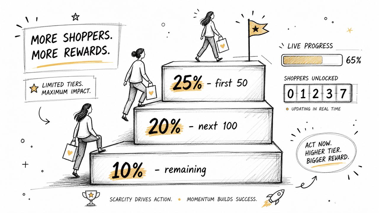 A hand-drawn illustration showing a multi-tiered reward system for shoppers based on tiered progress levels.