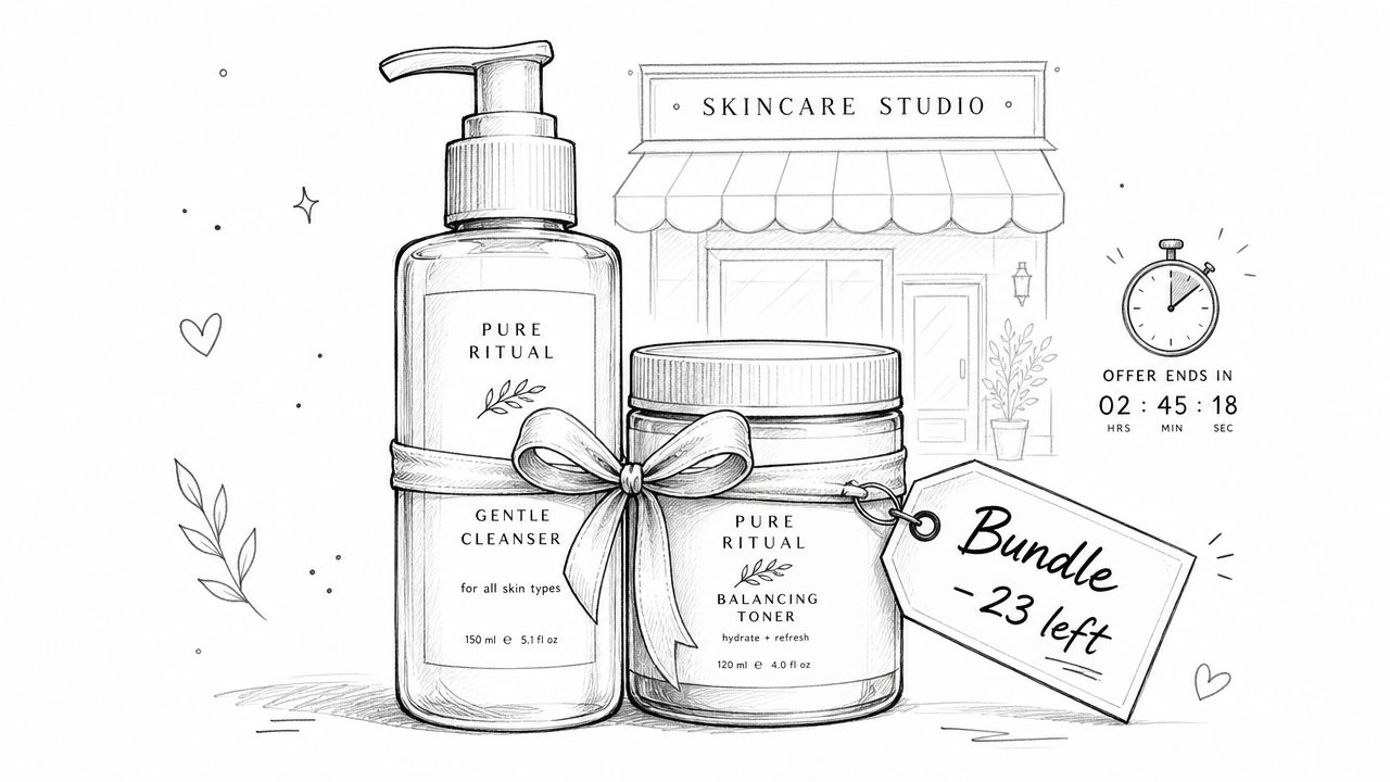 A hand-drawn sketch of a skincare product bundle with a countdown timer and limited stock tag.