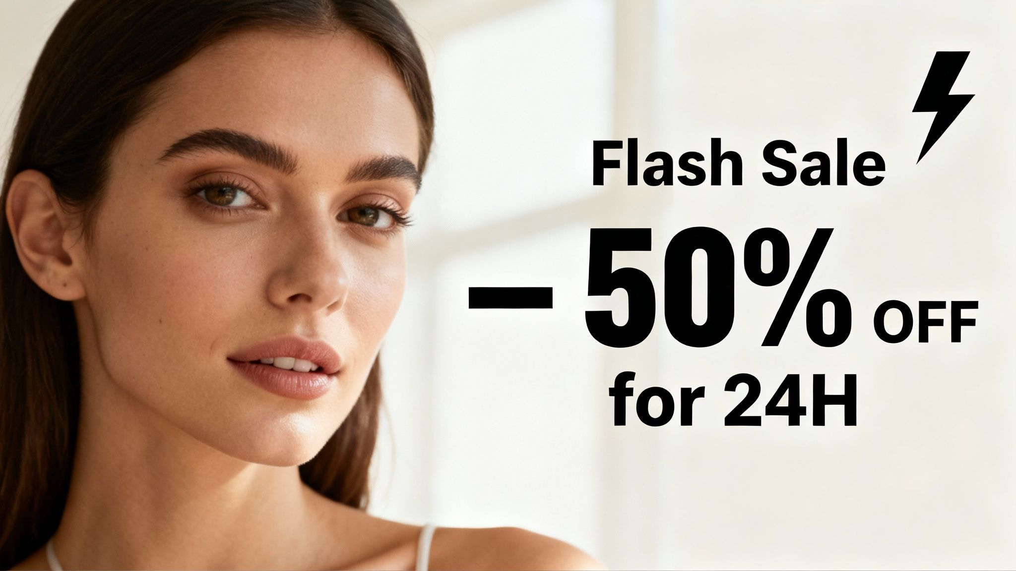 A graphic illustrating a flash sale with a "Shop at least 50% off" sign and a countdown timer