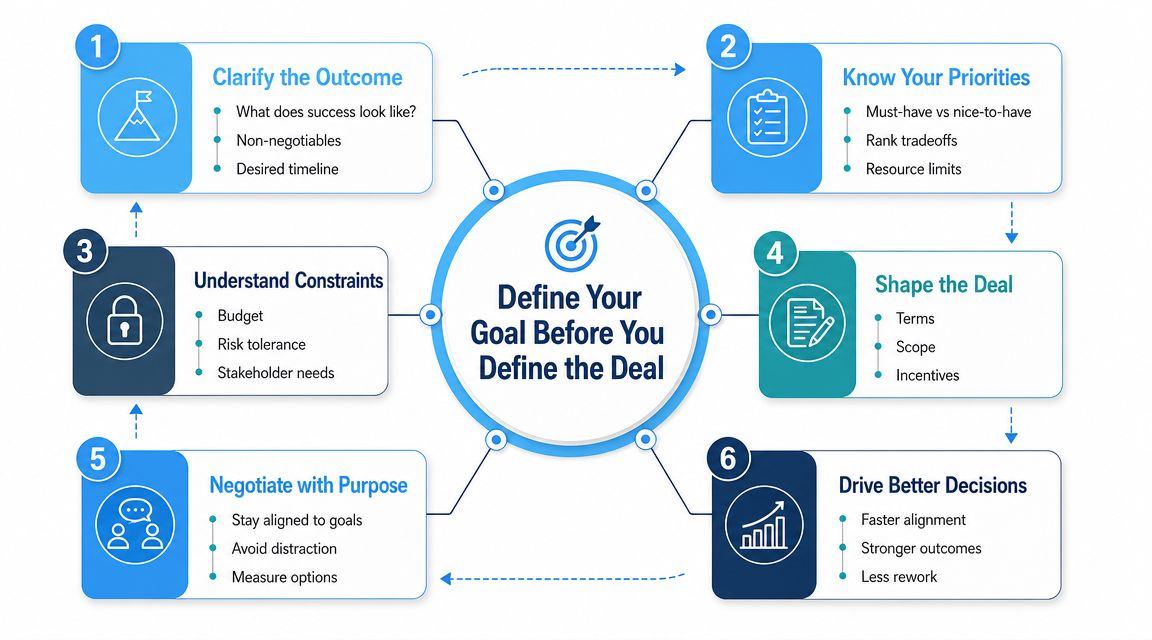 A six-step diagram illustrating the process to define goals before negotiating or shaping a business deal.