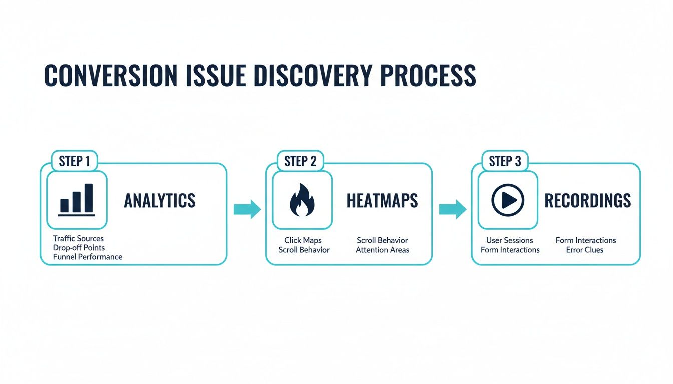 A three-step diagram outlining the conversion issue discovery process: Analytics, Heatmaps, and Recordings.