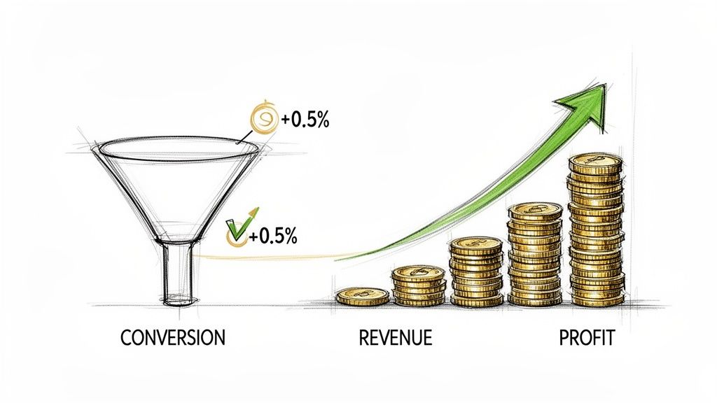 Illustrative sketch of a conversion funnel demonstrating revenue and profit growth from small improvements.
