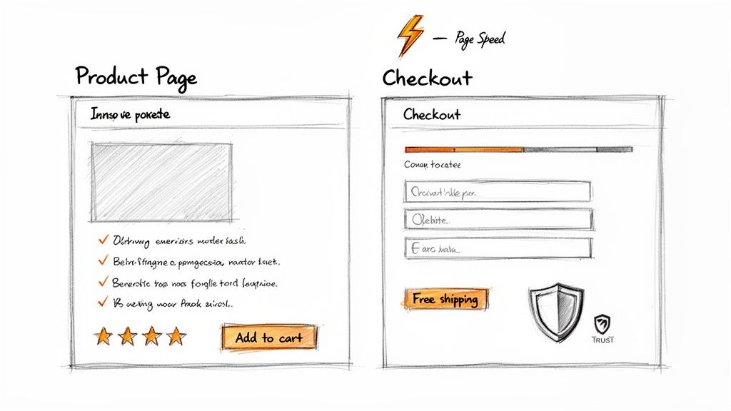 Hand-drawn wireframes showing product and checkout pages, illustrating website conversion optimization concepts.