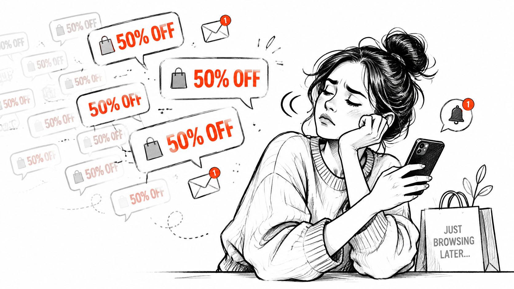A tired woman looking at her phone surrounded by floating notification bubbles promoting fifty percent off sales.