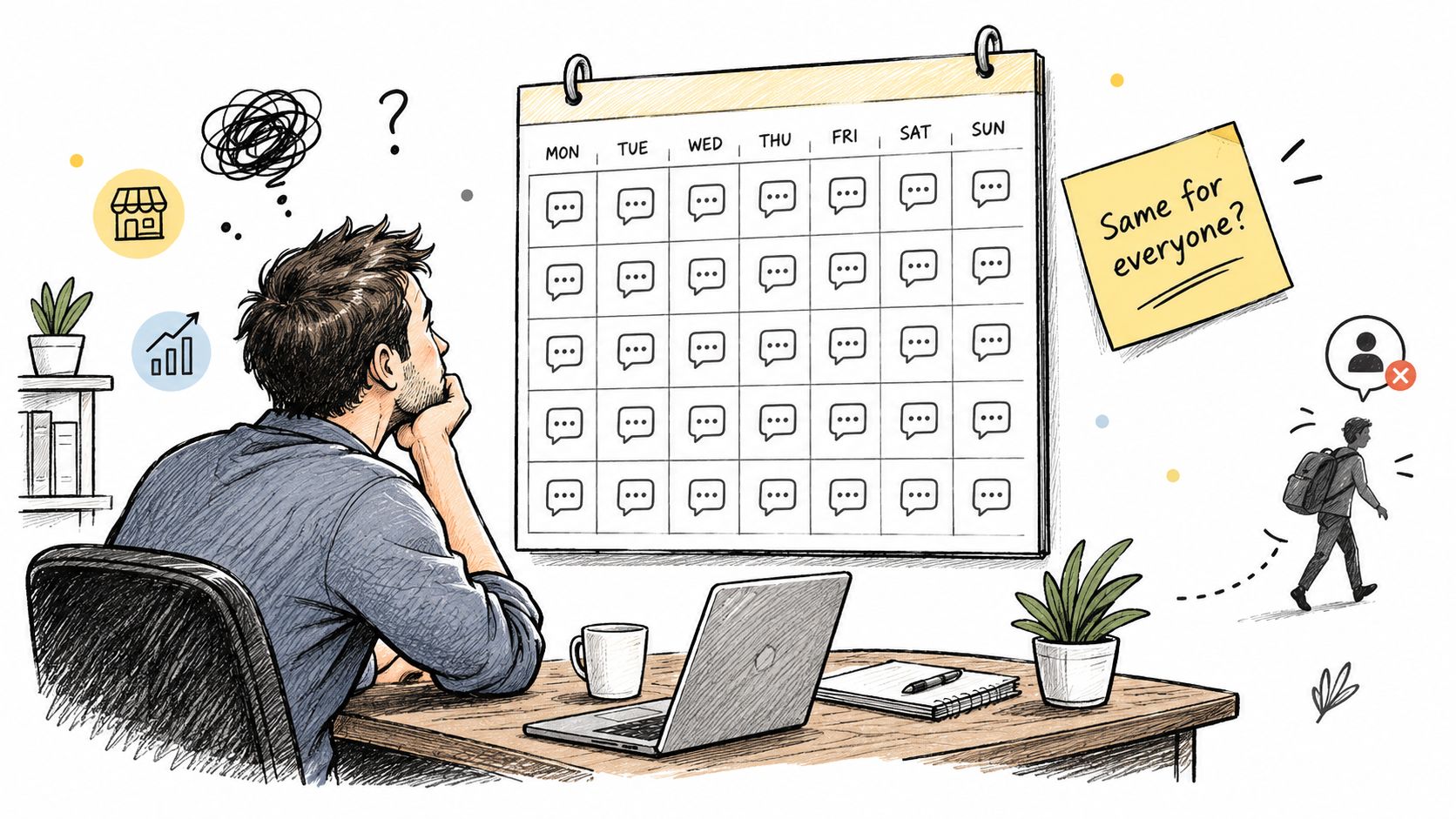 A person sitting at a desk looking at a calendar filled with recurring message icons.