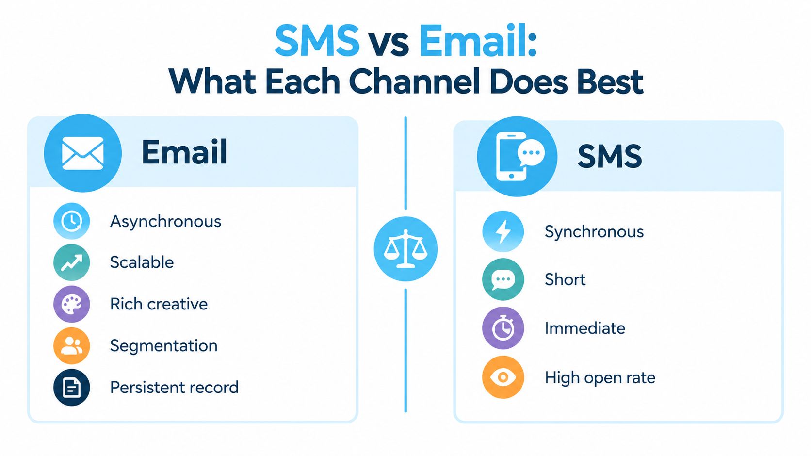 A comparison chart showing the key differences and strengths between email and SMS marketing channels.