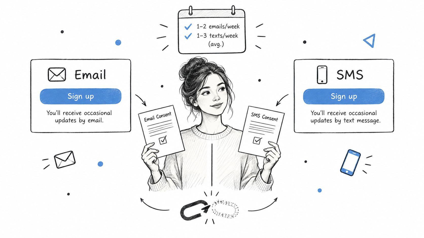 A woman holding consent forms for email and SMS marketing sign-ups, illustrating communication preferences and digital subscriptions.