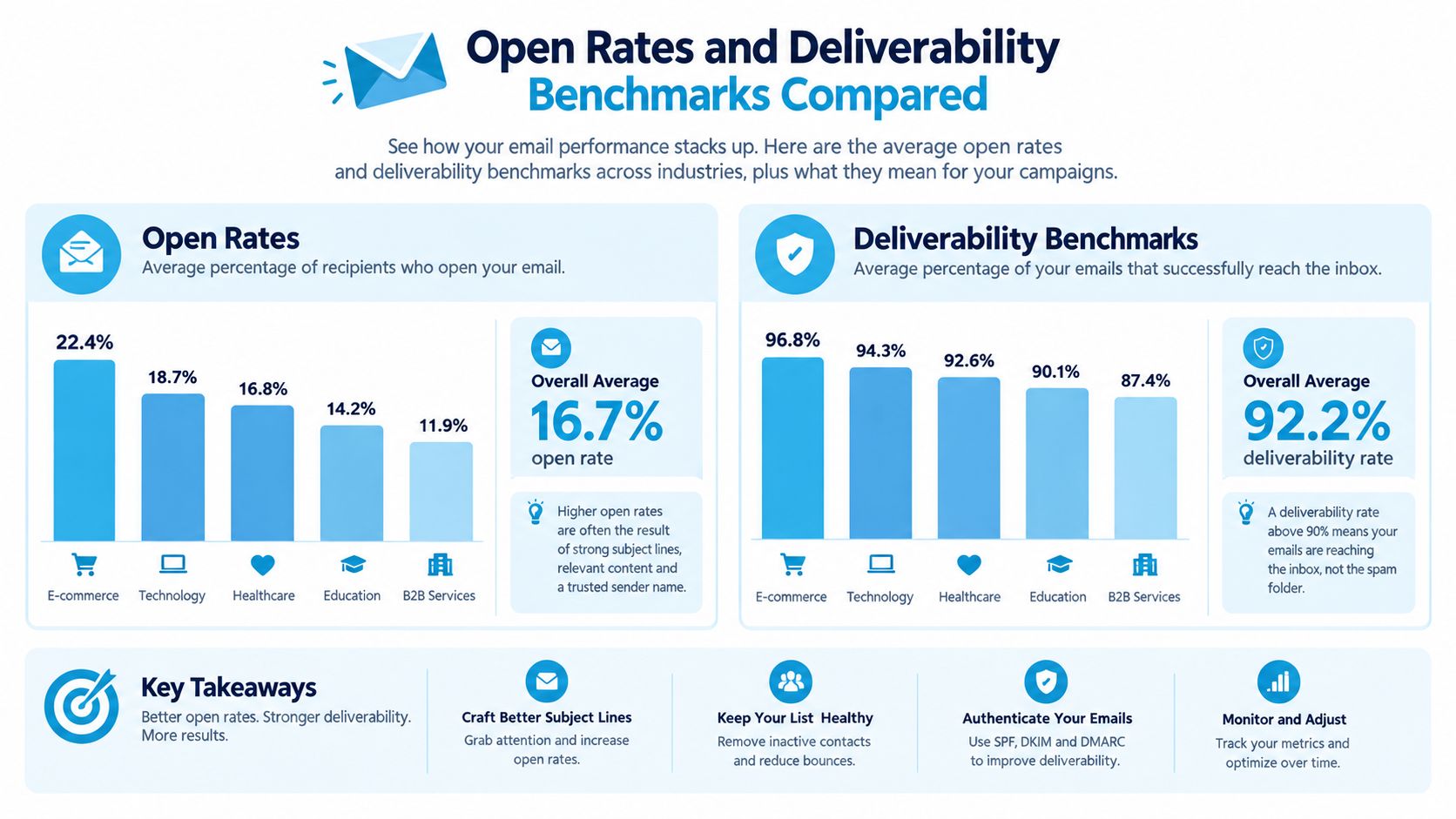 A chart comparing industry average email open rates and deliverability benchmarks for marketing performance optimization.