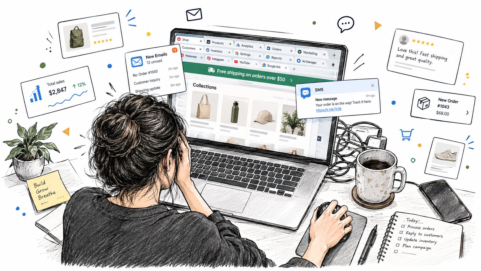 A person feeling overwhelmed while managing e-commerce business operations on a laptop surrounded by digital notifications.