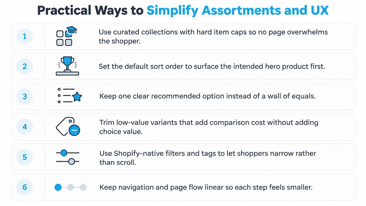 A list of six practical tips for simplifying product assortments and user experience on e-commerce websites.