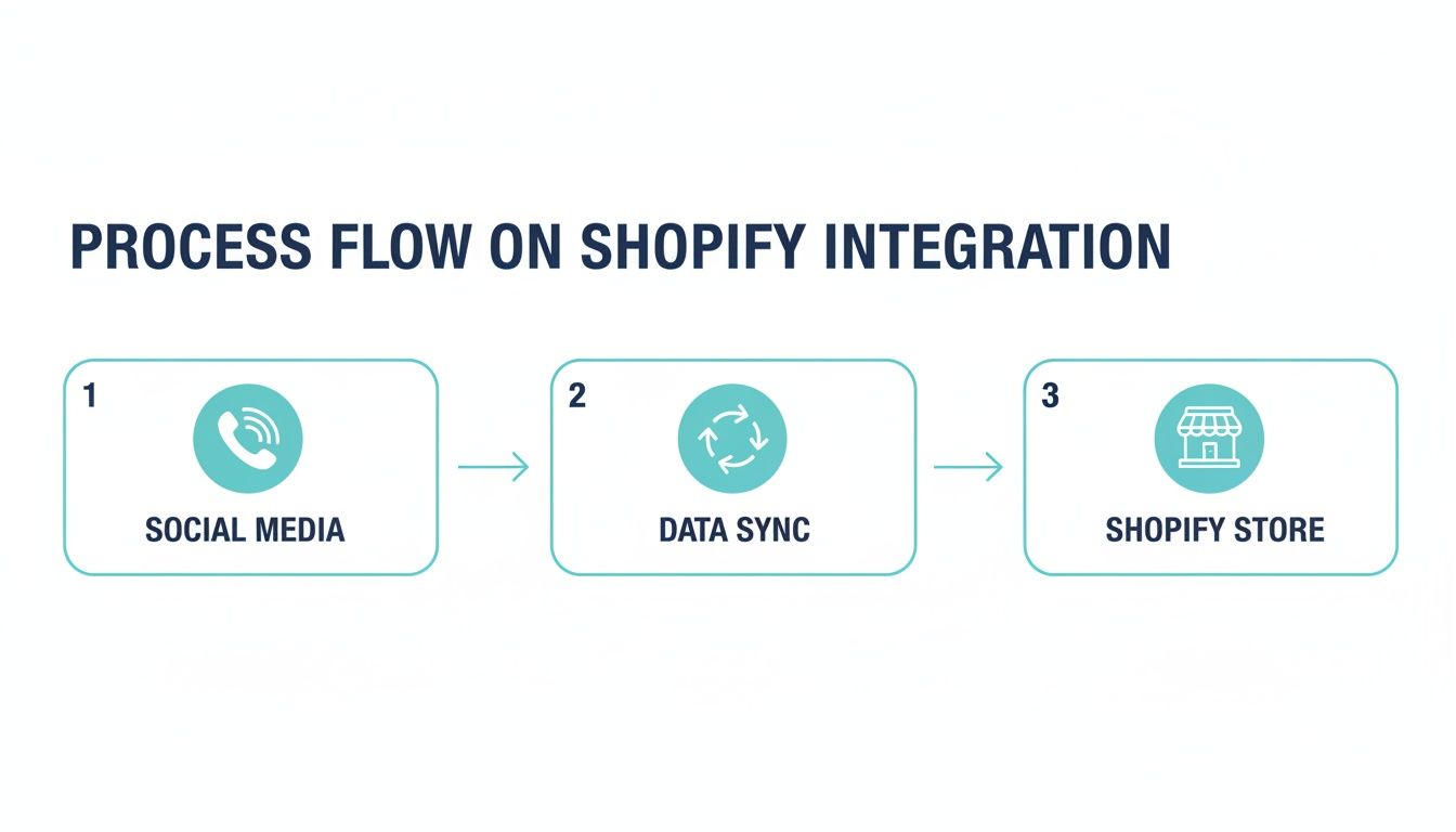 A three-step process flow diagram for Shopify integration: social media, data sync, and Shopify store.