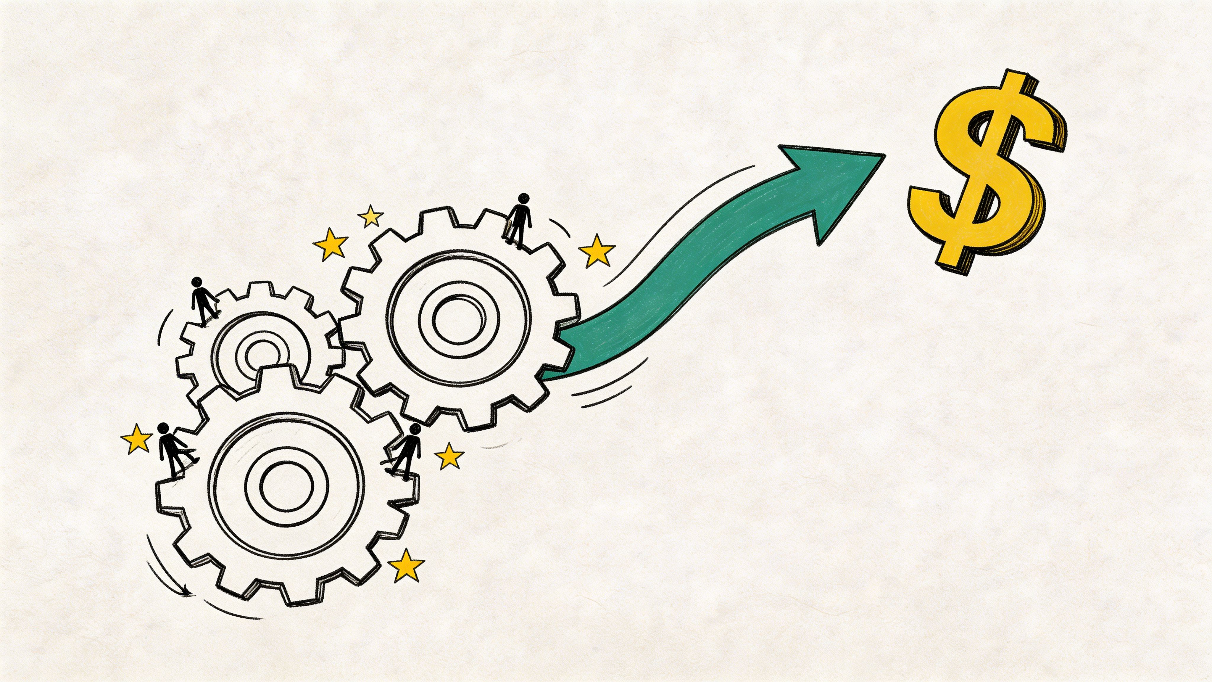 A hand-drawn illustration showing tiny stick figures interacting with interlocking gears that lead to a dollar sign symbol.