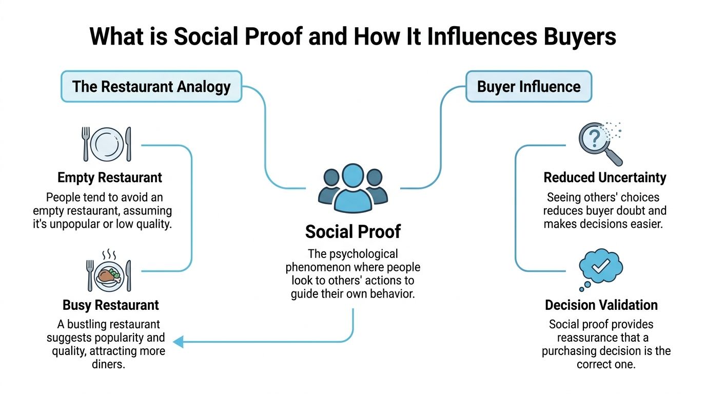 A diagram explaining social proof as a psychological phenomenon and its influence on buyer purchasing decisions.