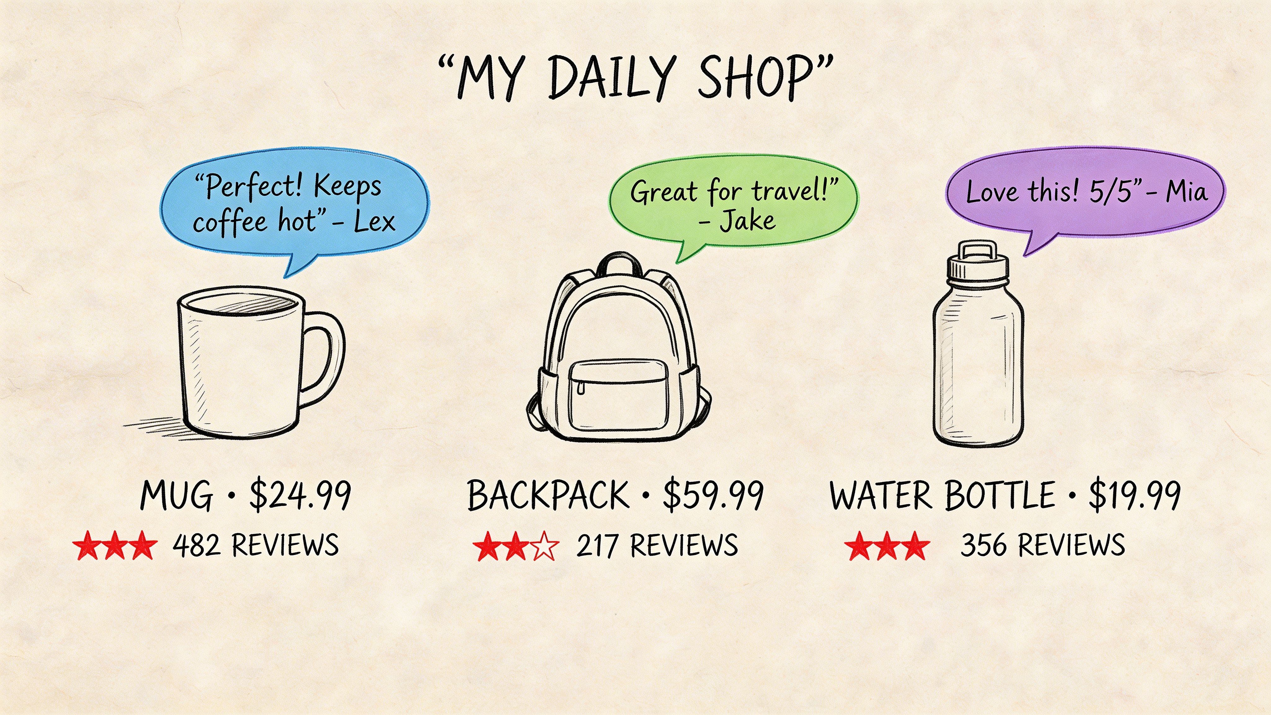 A product display featuring a mug, backpack, and water bottle, each with customer reviews and prices.
