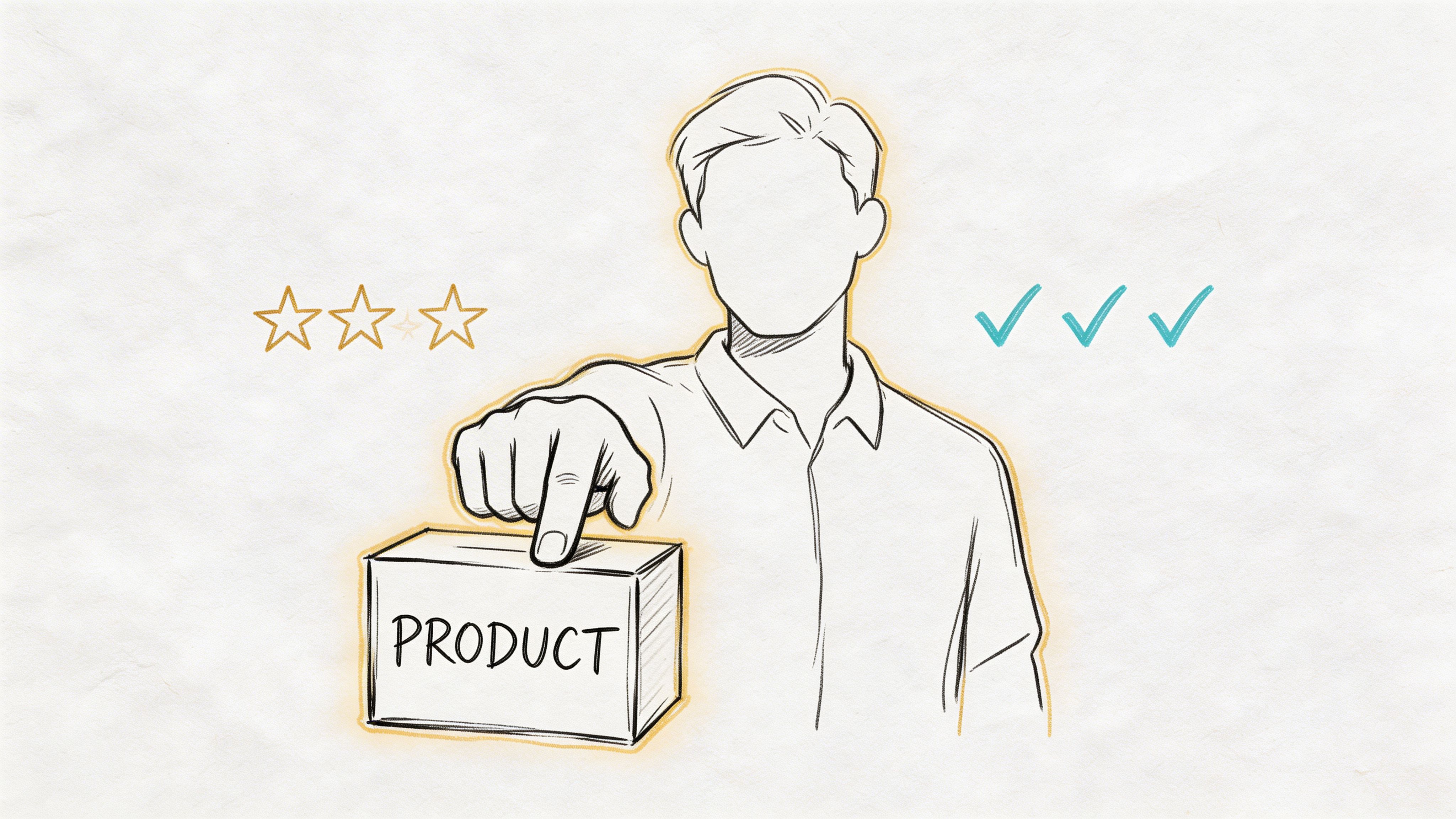 A hand-drawn sketch of a person pointing towards a box labeled product with stars and checkmarks.
