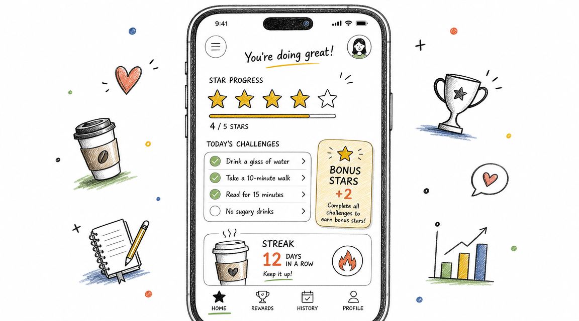 A hand-drawn illustration of a smartphone screen displaying a habit tracking app with daily progress.