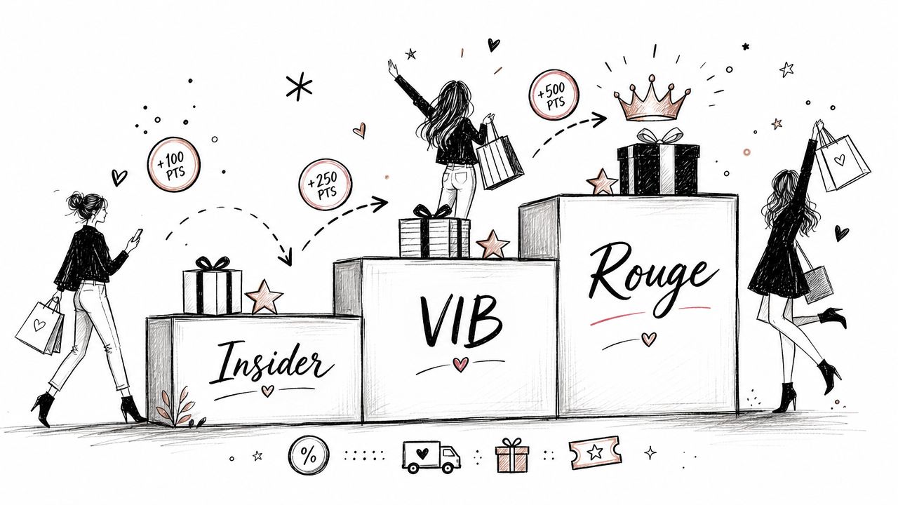 A hand-drawn illustration showing three reward tiers for beauty store customers: Insider, VIB, and Rouge.