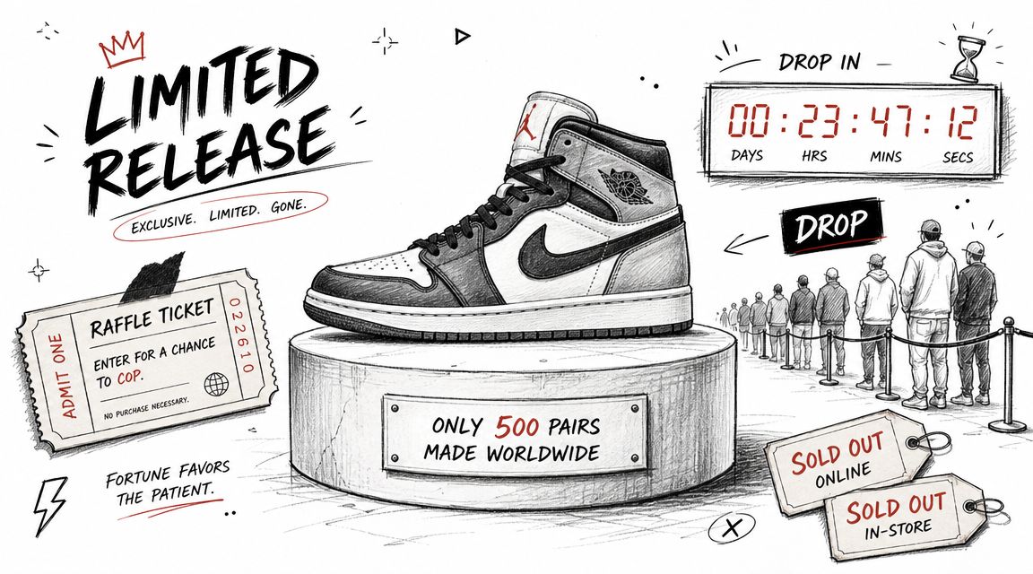 A pencil sketch style illustration of a limited edition sneaker release with a countdown timer and queue.
