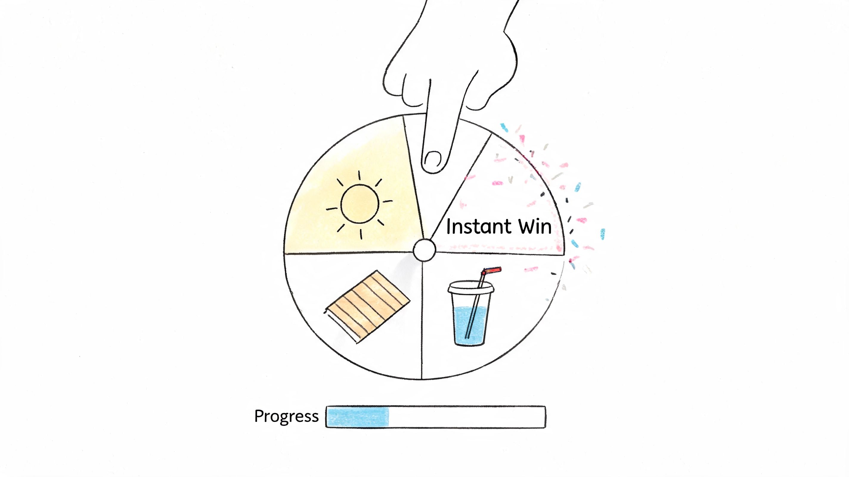 A hand spins a colorful circular game wheel featuring summer icons and an instant win section.