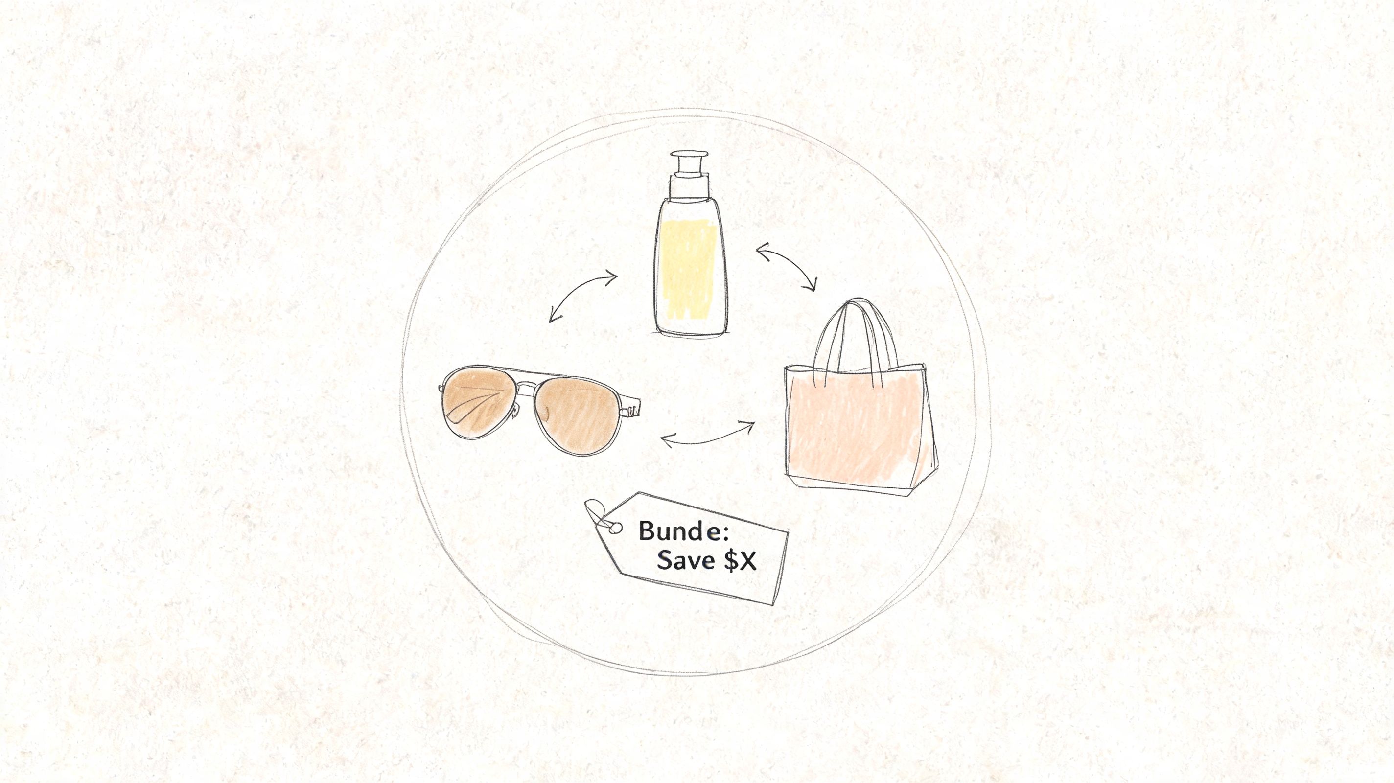 A minimalist sketch showing sunglasses, a bottle of sunscreen, and a tote bag to promote summer sales.