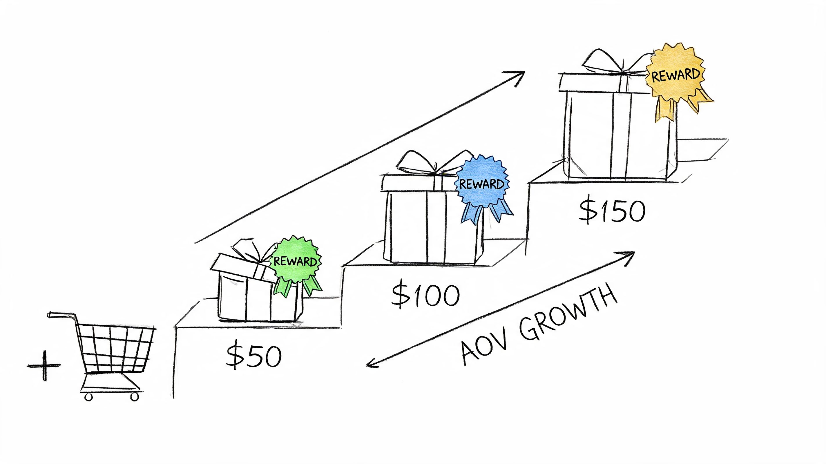 A hand-drawn illustration showing a tiered shopping cart reward system with AOV growth levels at fifty, one hundred, and one hundred fifty dollars.